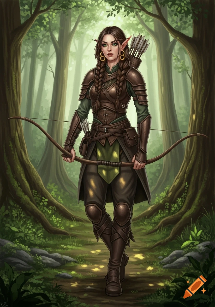 A female elf archer with braided hair and leather armor stands in a forest, holding a bow. Digital illustration.