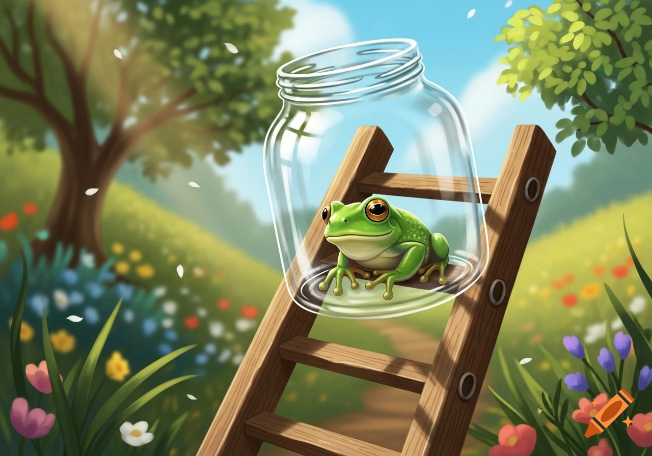 A cute green frog inside a glass jar, which sits on a wooden ladder in a vibrant, stylized meadow filled with colorful flowers and trees.