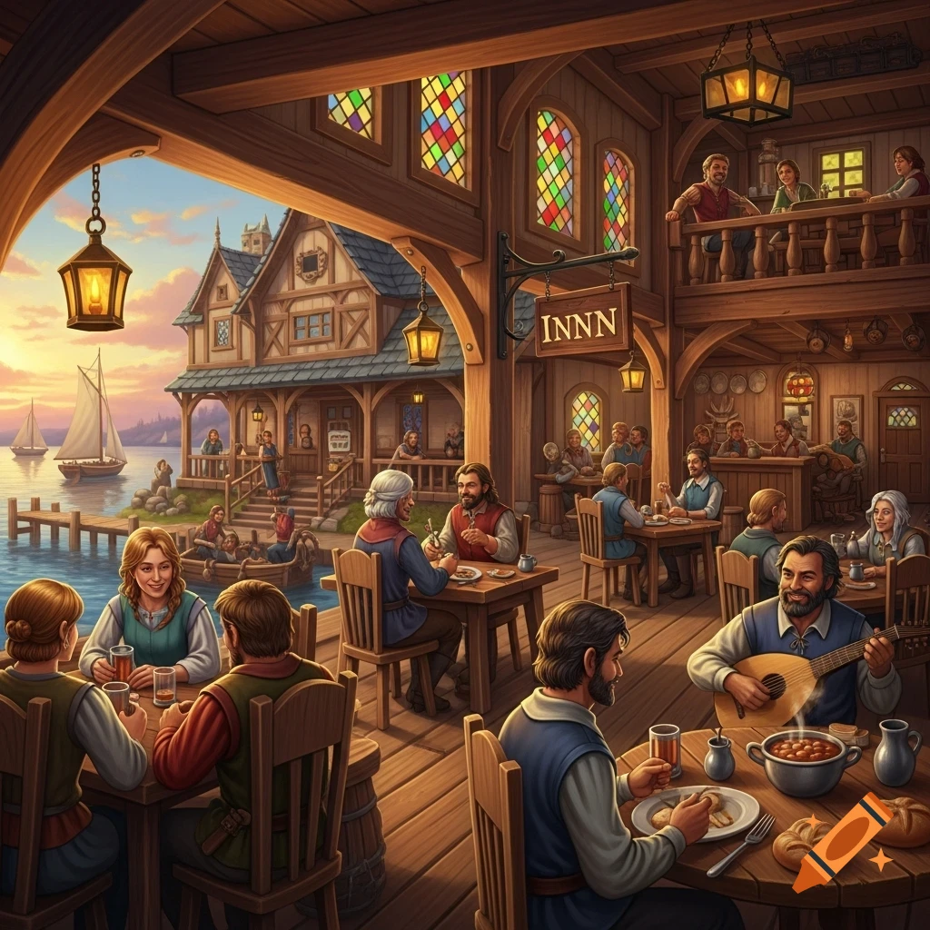 A bustling medieval-fantasy inn on a waterfront at sunset, with patrons eating, drinking, and a musician playing. A sign reads 'INNN'.