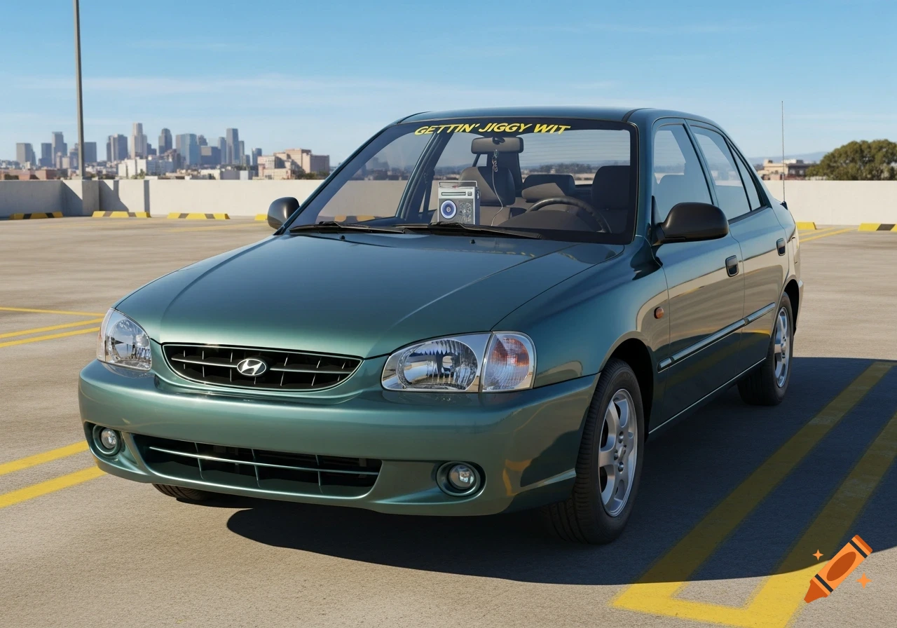 A green 1995 Hyundai Accent sedan with 'GETTIN' JIGGY WIT' on its windshield, parked on a rooftop with a city skyline.