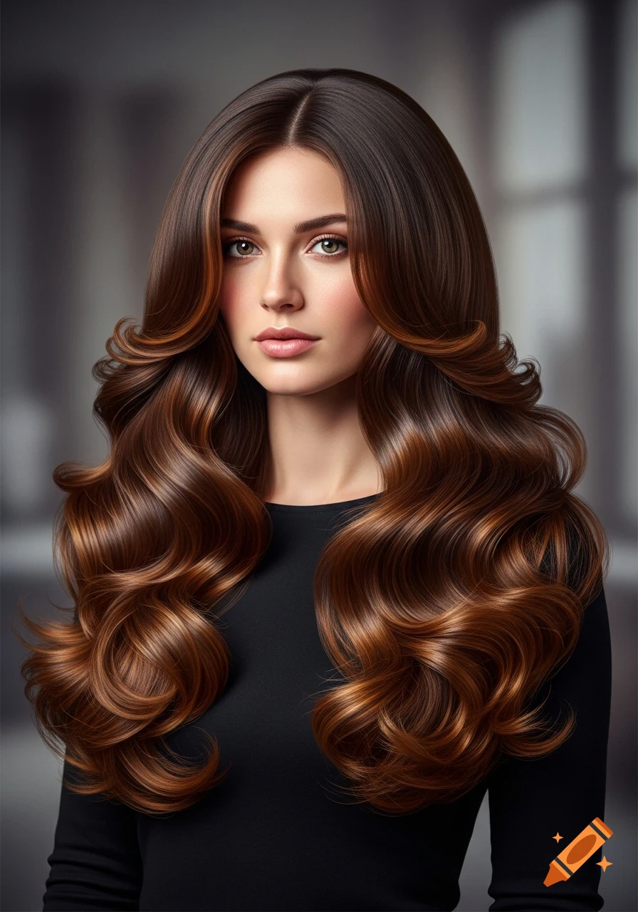 A photorealistic portrait of a woman with long, voluminous, wavy brown hair, looking directly forward.
