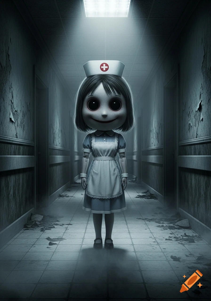 Creepy, doll-like nurse with black eyes and stitched smile stands in a dark, abandoned hospital hallway.