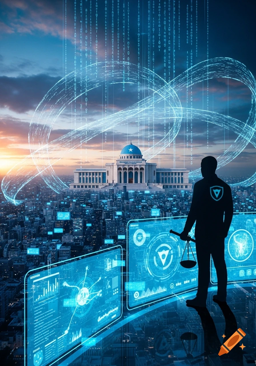 Silhouette holding scales overlooks a futuristic city with a government building, digital data streams, and glowing UI screens at sunset.