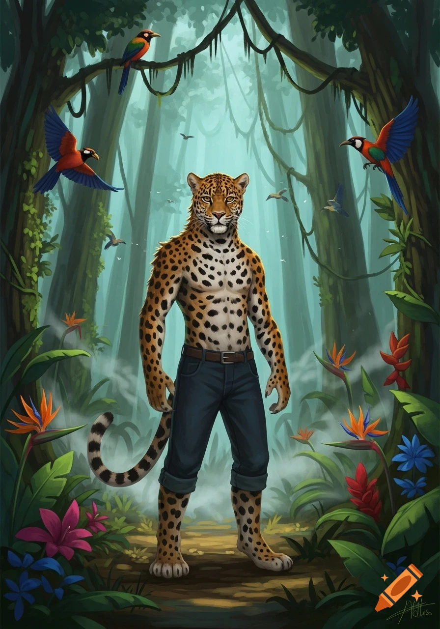 Anthropomorphic jaguar man in jeans stands shirtless in a lush jungle, surrounded by colorful birds and tropical flowers.