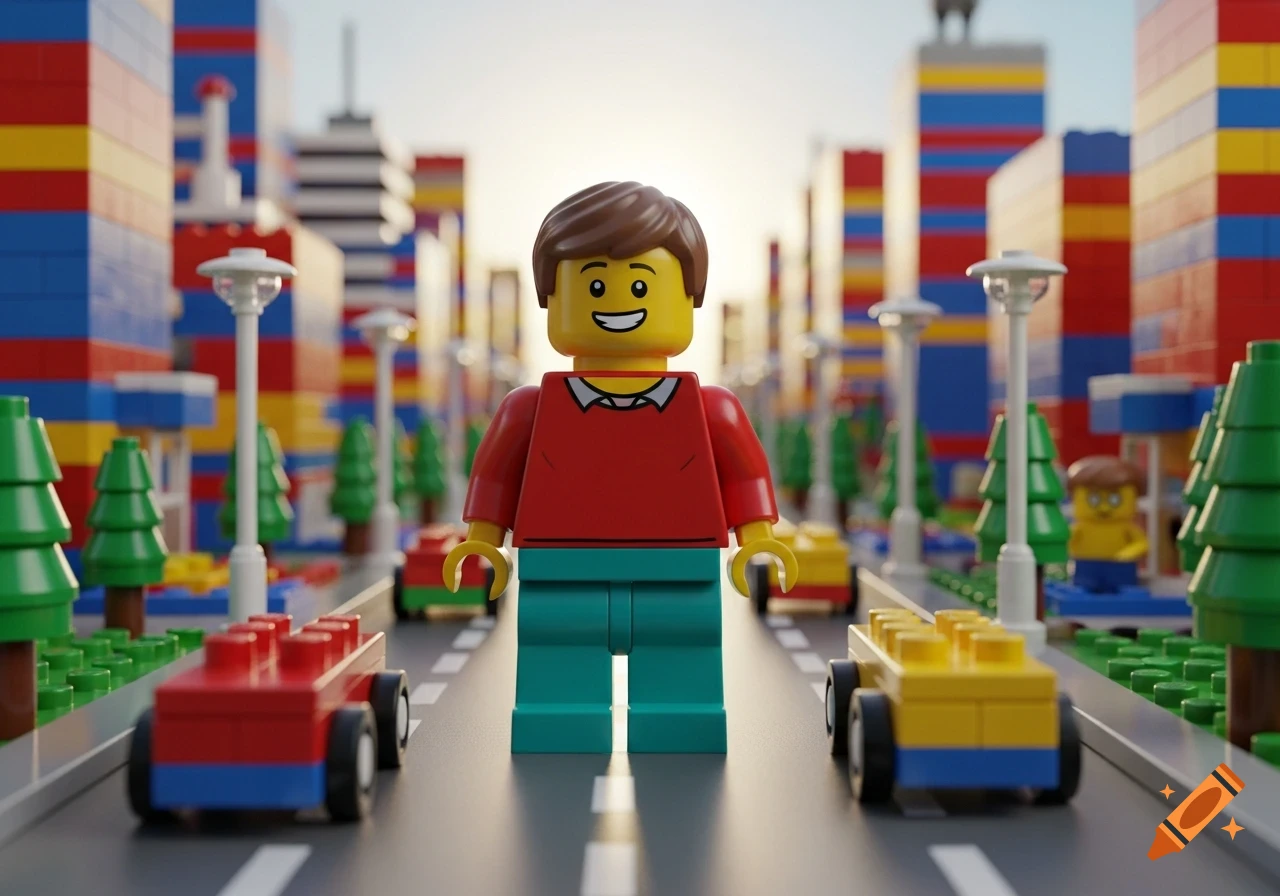 A Lego minifigure with a red shirt and teal pants stands in the middle of a Lego city street with cars and buildings.