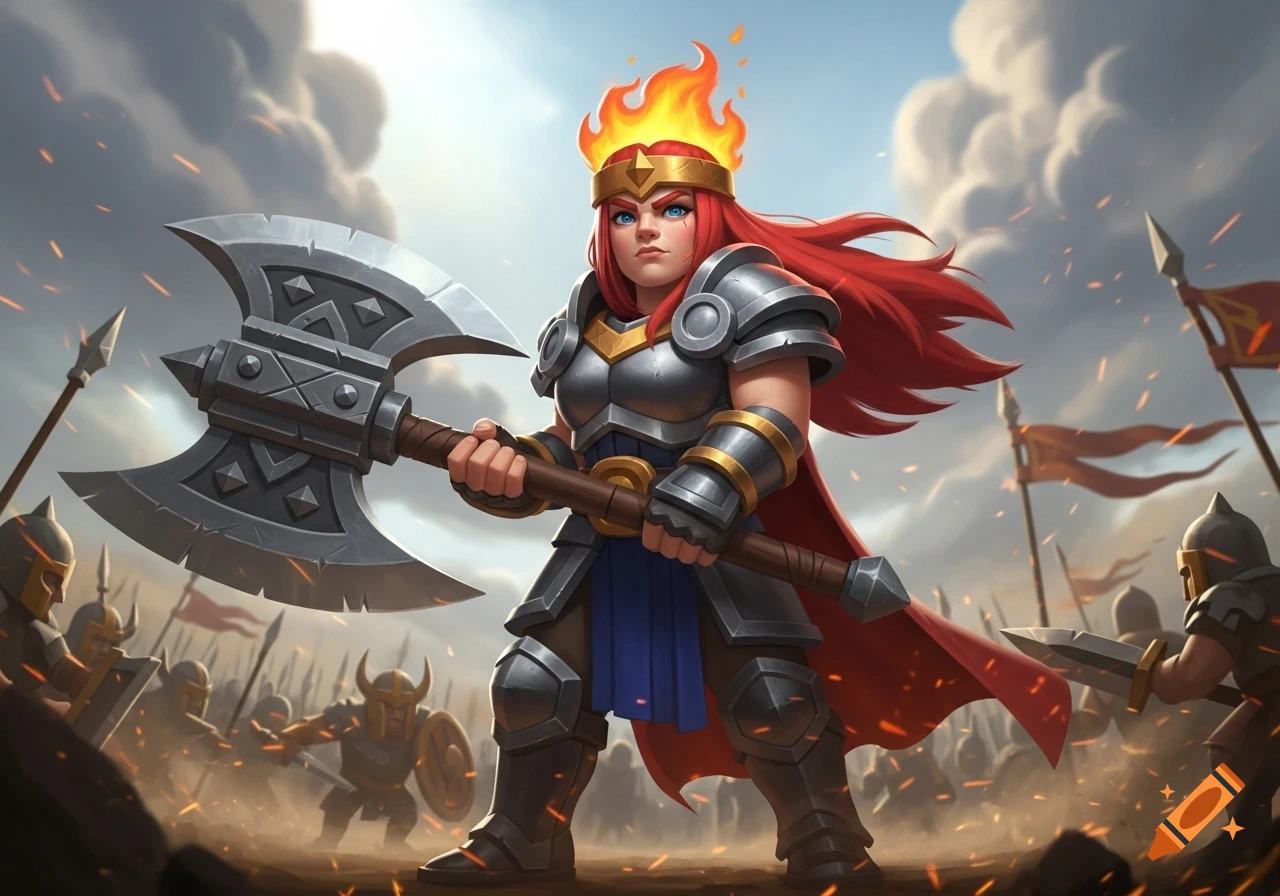 Stylized warrior woman with red hair and a flaming crown, clad in armor ...