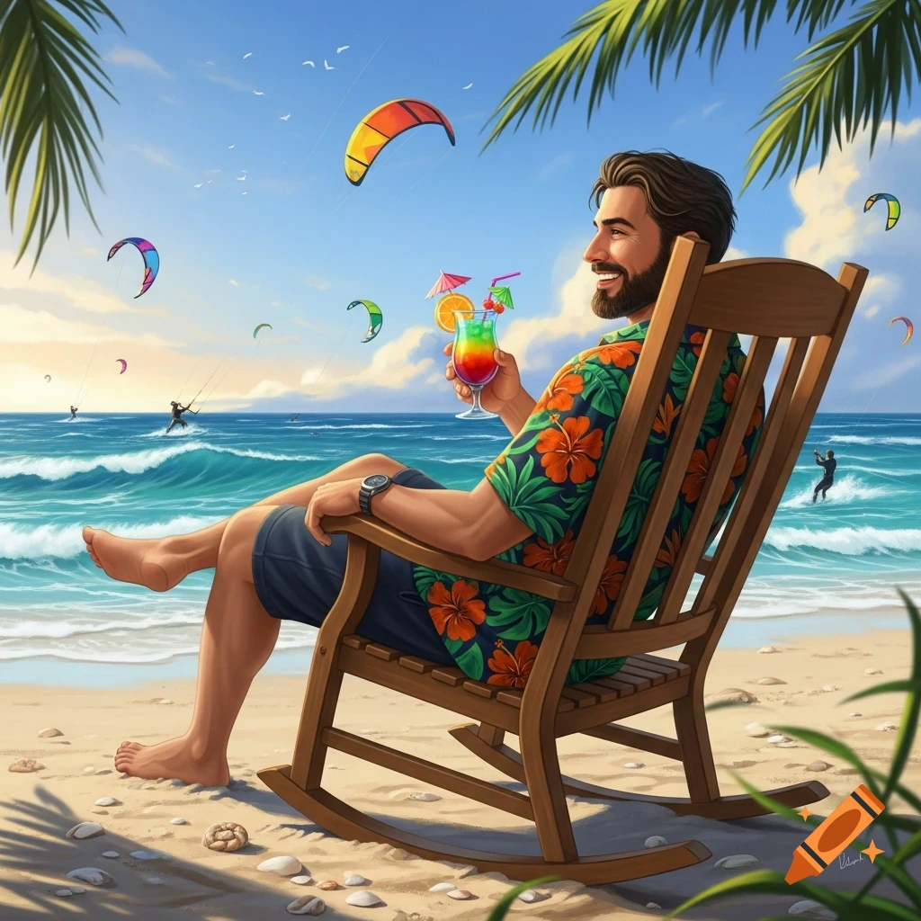 A man in a Hawaiian shirt relaxes in a rocking chair on a sunny beach, holding a colorful cocktail, with kitesurfers in the ocean.