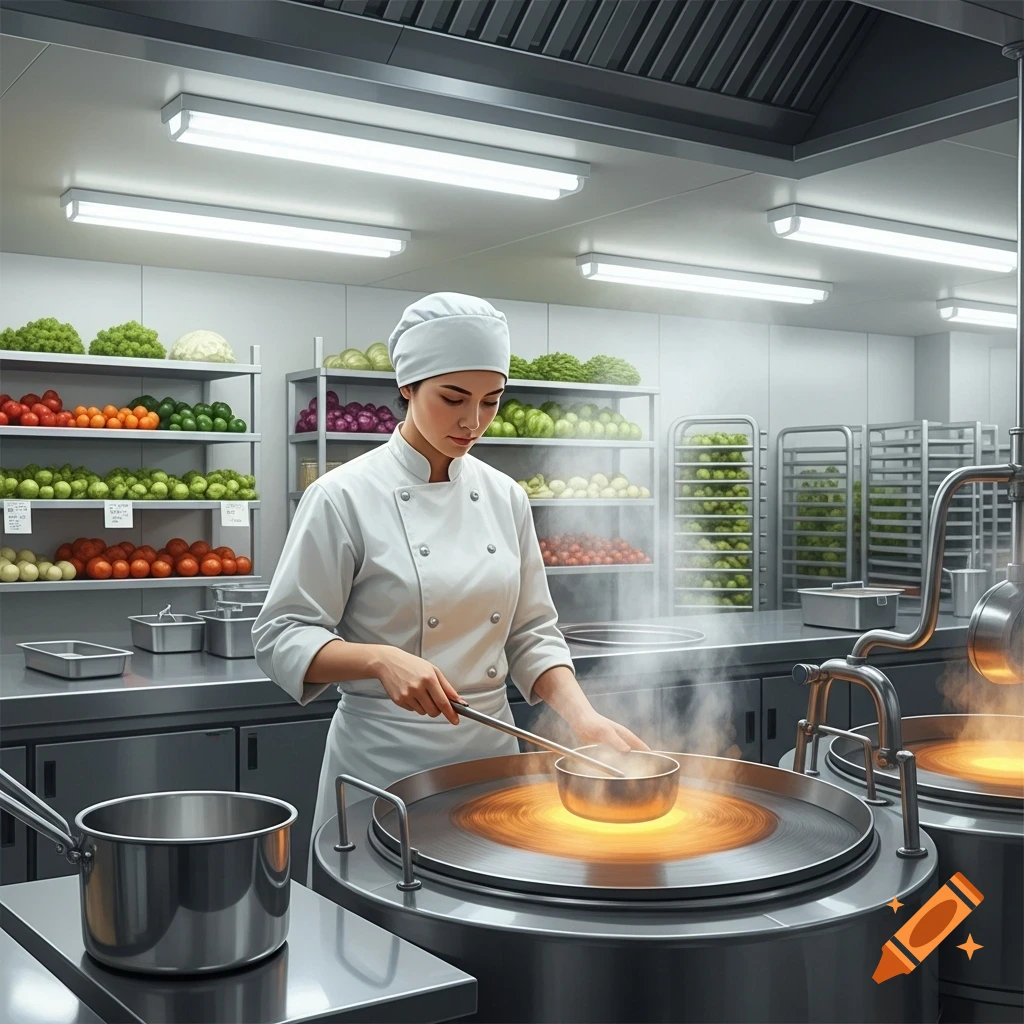 A female chef in a white uniform and hat cooks in a large, modern stainless steel commercial kitchen with shelves of fresh produce.
