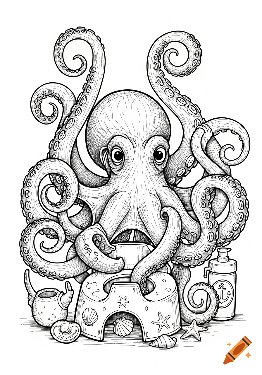 Black and white line art illustration of a cartoon octopus attempting to potty train, surrounded by seashells and a watering can.