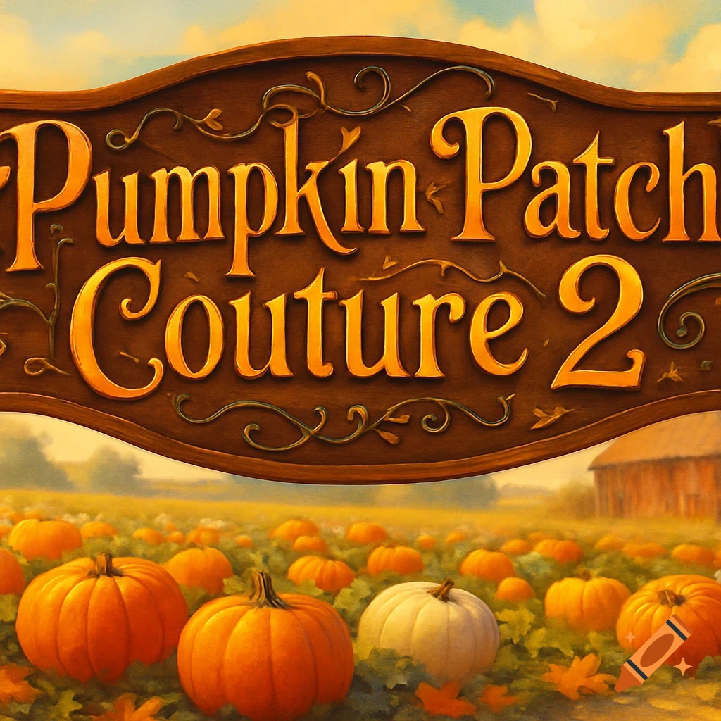 A wooden sign reads 'Pumpkin Patch Couture 2' above a field of orange and white pumpkins with a barn in the background.
