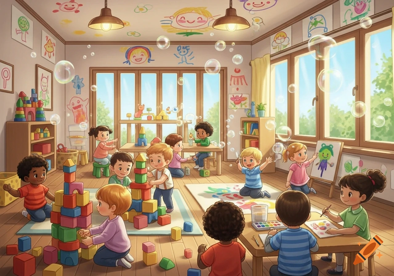 Cartoon illustration of diverse children playing with blocks, drawing, and bubbles in a brightly lit kindergarten classroom.