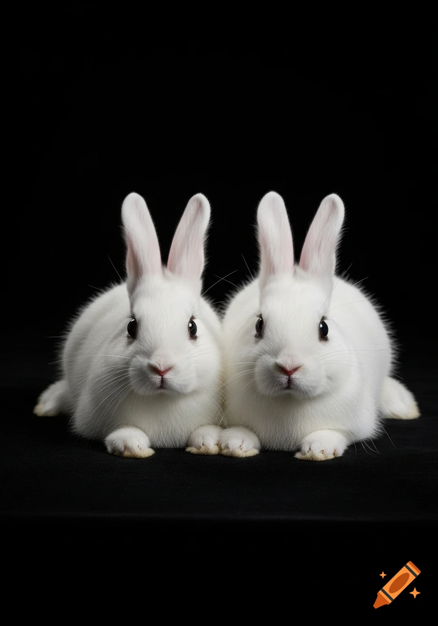 Two fluffy white bunnies with pink noses and ears are lying close together on a black background.