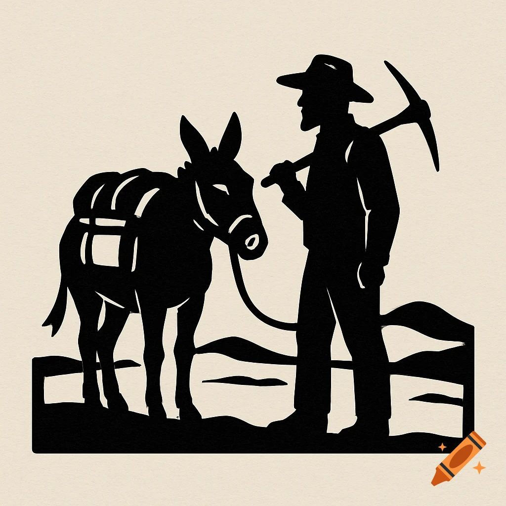 A black silhouette logo of a prospector wearing a hat and holding a pickaxe, standing next to his packed donkey.