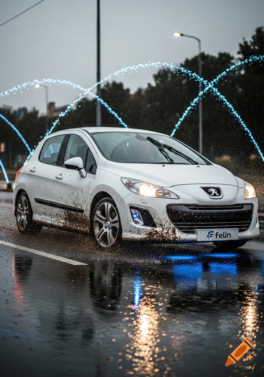 A white Peugeot 308 covered in mud and splashing water, with blue underglow lights, drives on a wet road.