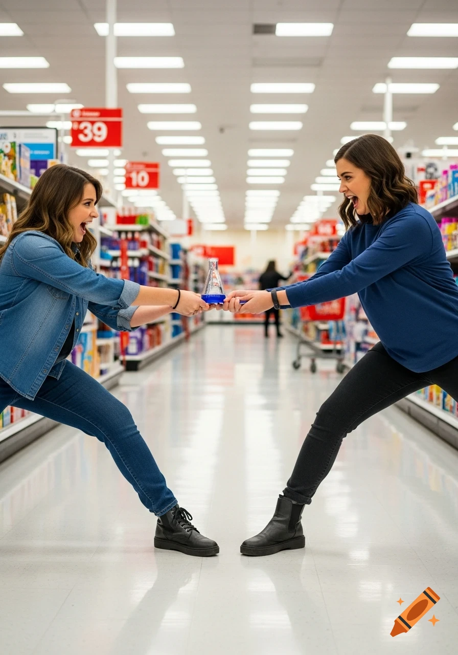 Two women in a supermarket aisle playfully pull on a science beaker, looking excited and determined.