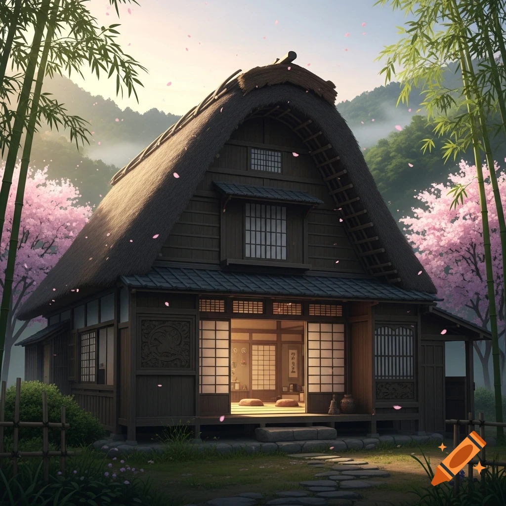 A traditional Japanese folk house with a thatched roof, surrounded by bamboo and pink cherry blossom trees under a soft sky.