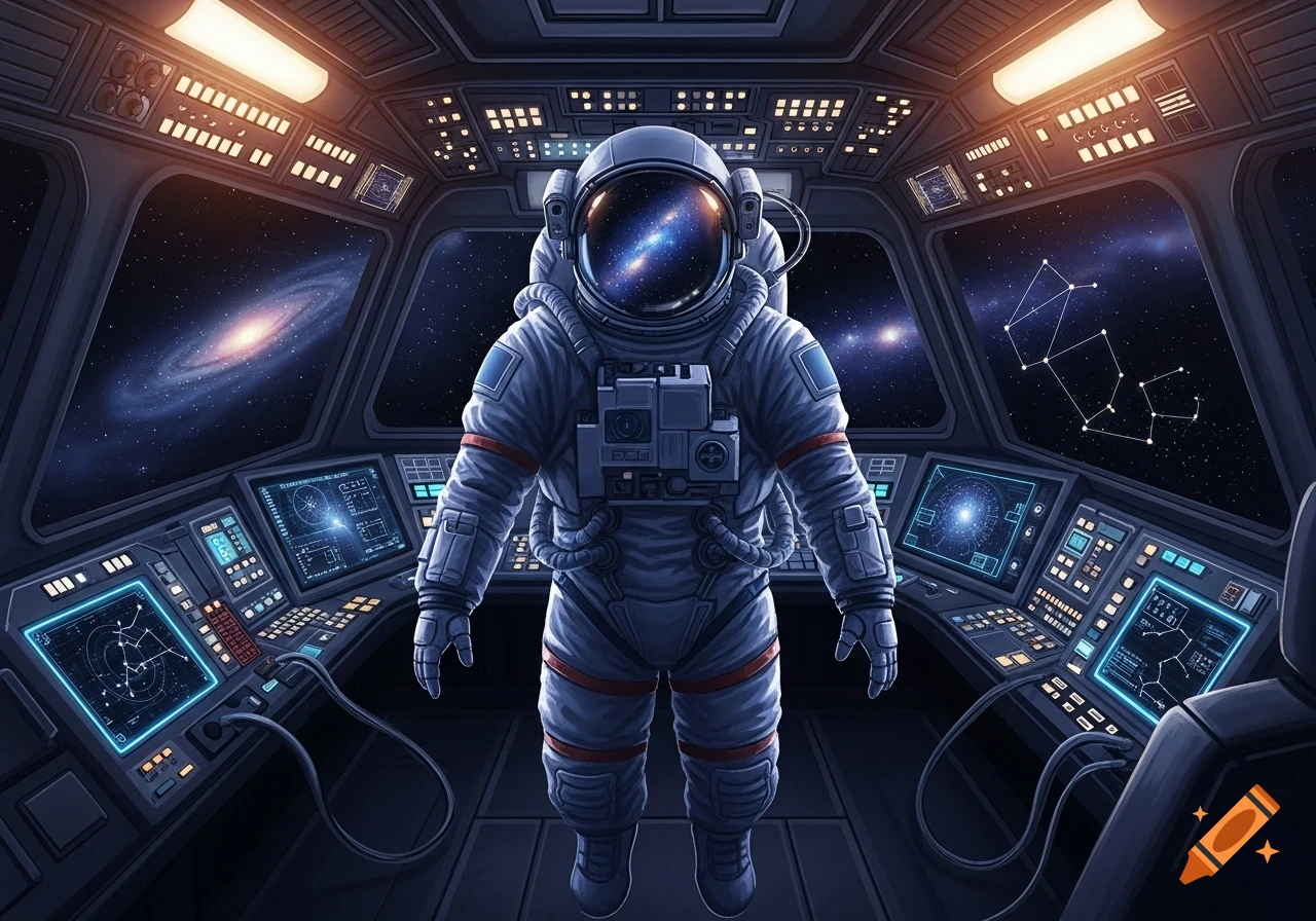 An astronaut floats inside the detailed cockpit of a spaceship, with galaxies and constellations visible through the front windows.
