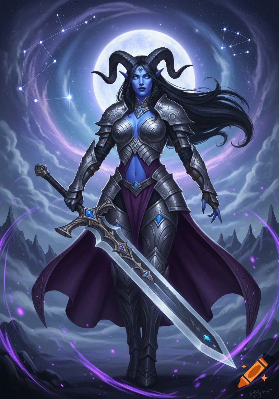 A female tiefling with blue skin, horns, and black hair, wearing silver armor and holding a great sword, stands before a large moon and starry sky.