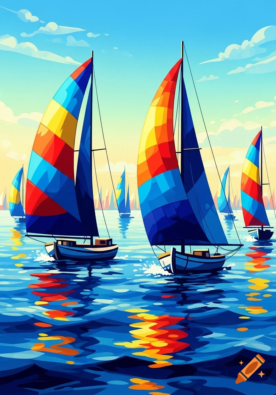 A vibrant, cubist-style painting depicts numerous colorful sailboats with striped sails on a blue sea under a bright sky, with reflections in the water.