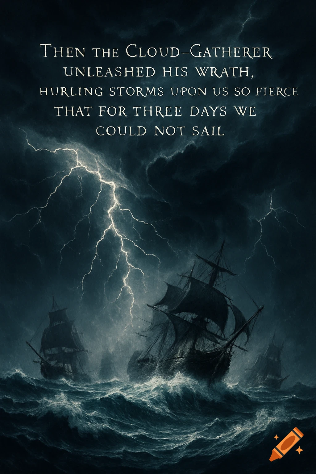 Sailing ships brave a fierce storm with huge waves and a large lightning bolt striking from dark, swirling clouds. Dramatic art style.