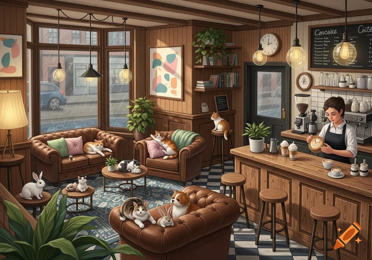 A cozy coffee shop with many cats, a dog, and bunnies relaxing on couches and tables. A barista makes latte art at the counter.