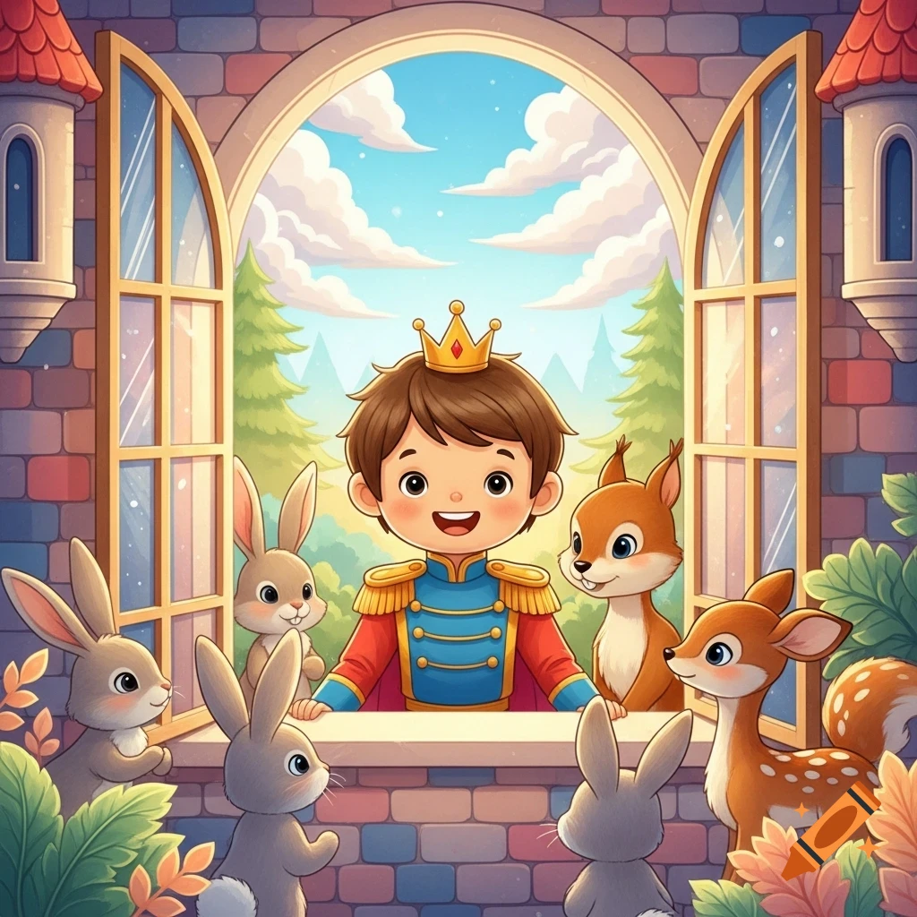 A smiling young prince in a blue and red uniform with a crown looks out from a colorful castle window, surrounded by cute bunnies, a fox, and a deer, under a bright blue sky. Stylized illustration for toddlers.