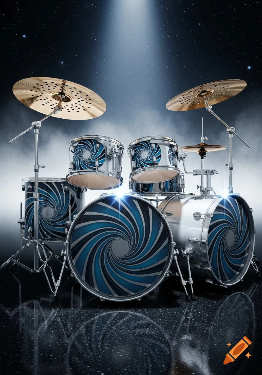 A well-lit drum set featuring blue and black spiral designs on the drums, against a dark, starry stage background.