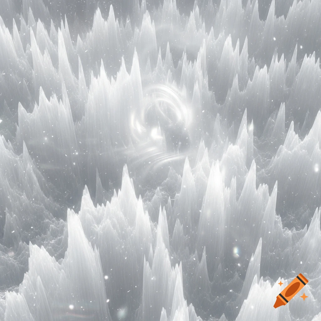 Abstract digital art depicting a jagged landscape of white, spiky ice formations with a glowing, swirling vortex in the center.