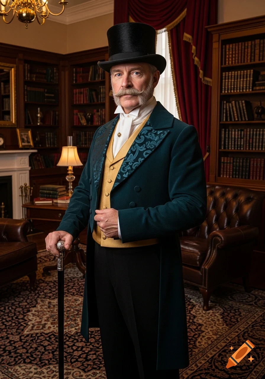 A distinguished, grey-haired Victorian gentleman with a mustache and top hat stands in a grand study, holding a silver-topped cane.