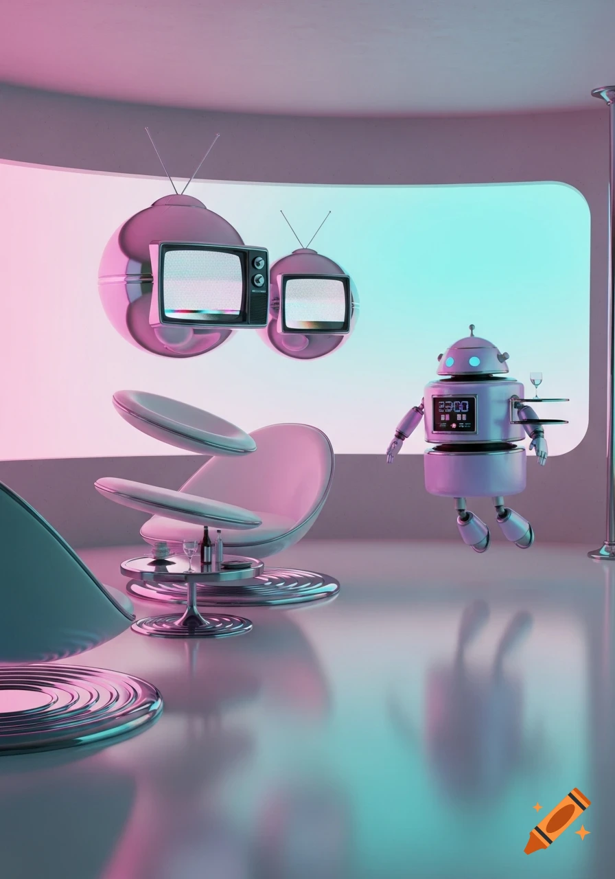 A retro-futuristic living room in pastel pink and blue, with a levitating robot waiter, spherical static TVs, and a floating chair.