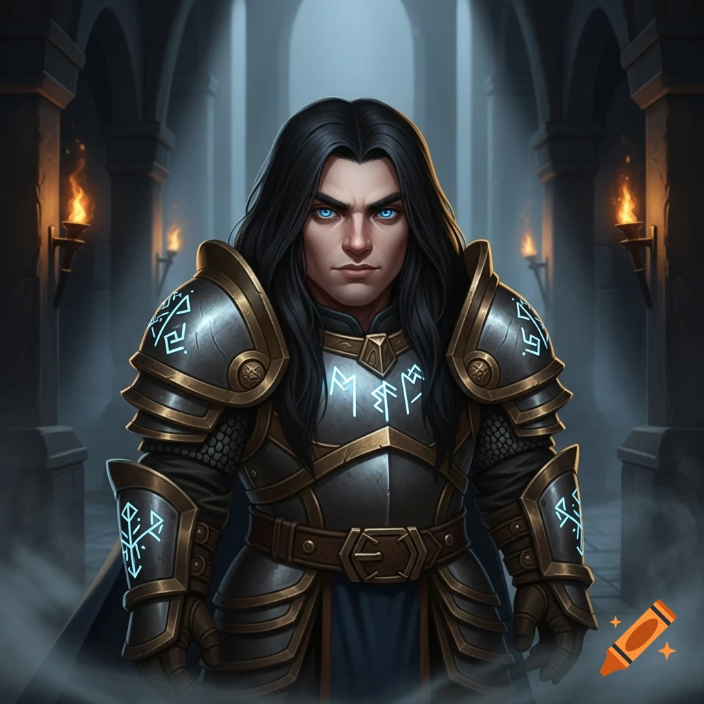 A serious male fantasy character with long black hair, blue eyes, and ornate armor with glowing runes stands in a dark stone hall.