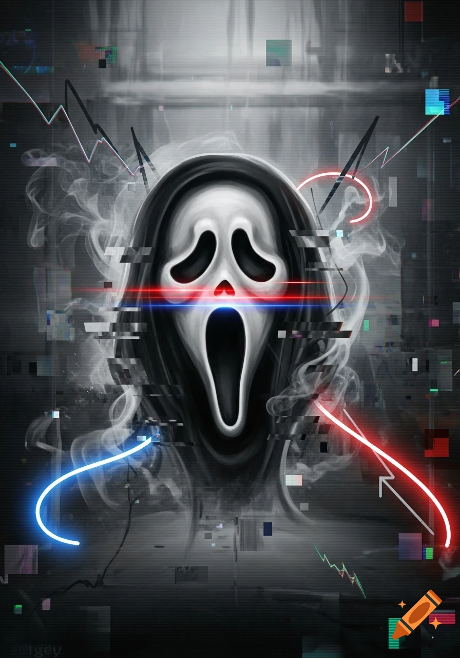 A glitchy, stylized Ghostface mask with neon blue and red lights on a dark, pixelated background.