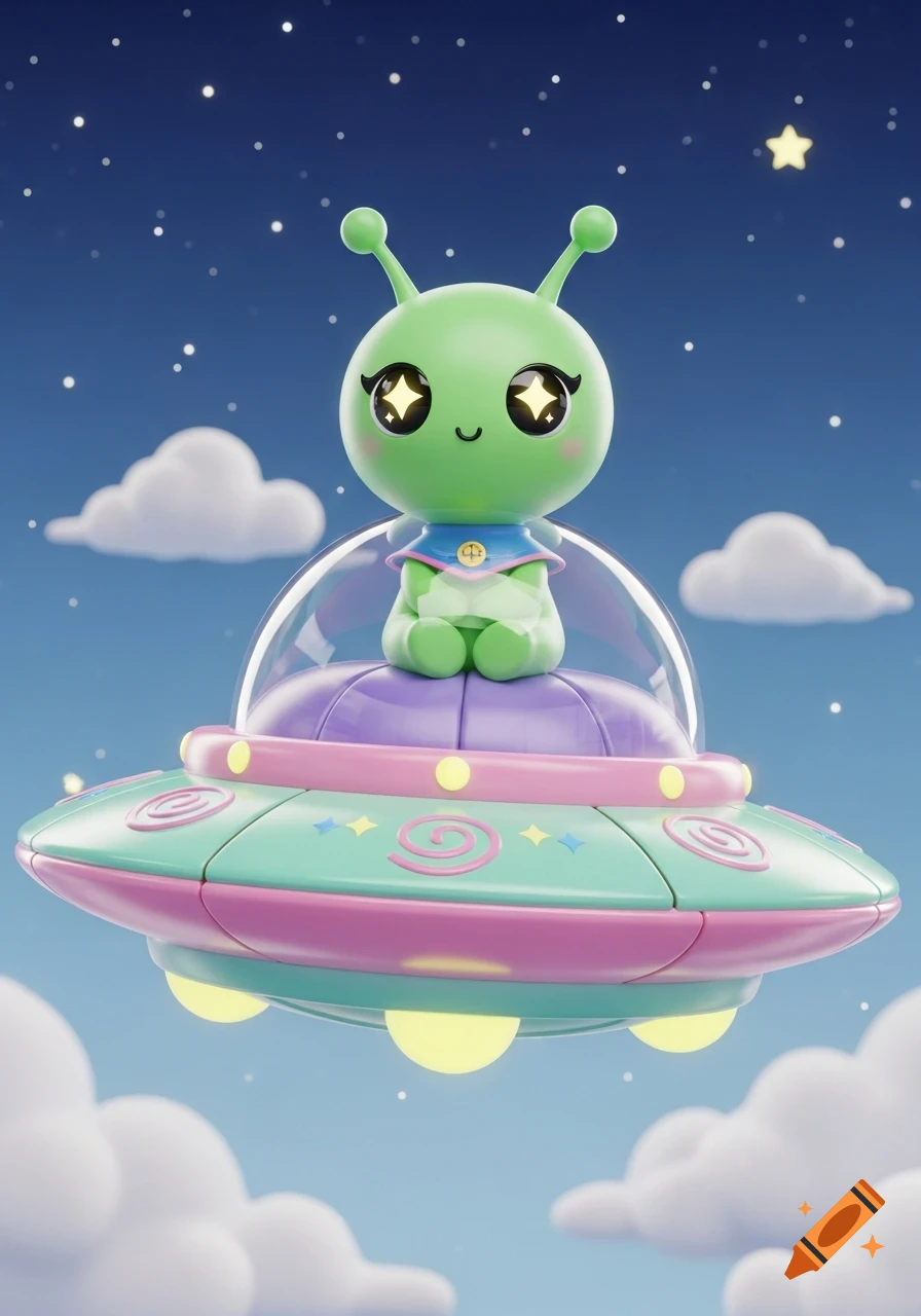 A cute 3D green alien with big starry eyes sits in a pink, purple, and mint green flying saucer, flying through a starry sky with clouds.