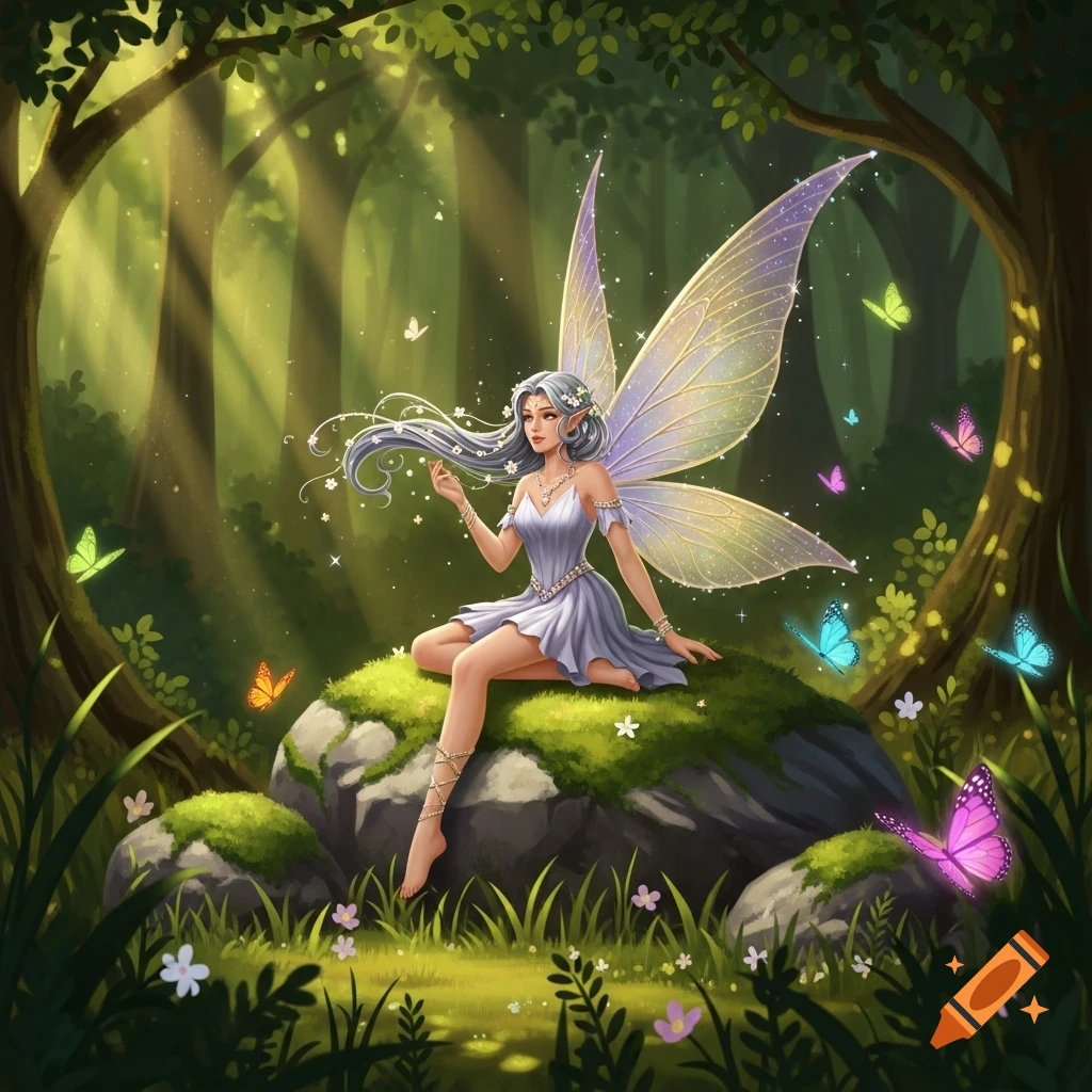 A beautiful fairy with shimmering purple and gold wings sits on mossy rocks in a magical forest, surrounded by colorful butterflies.