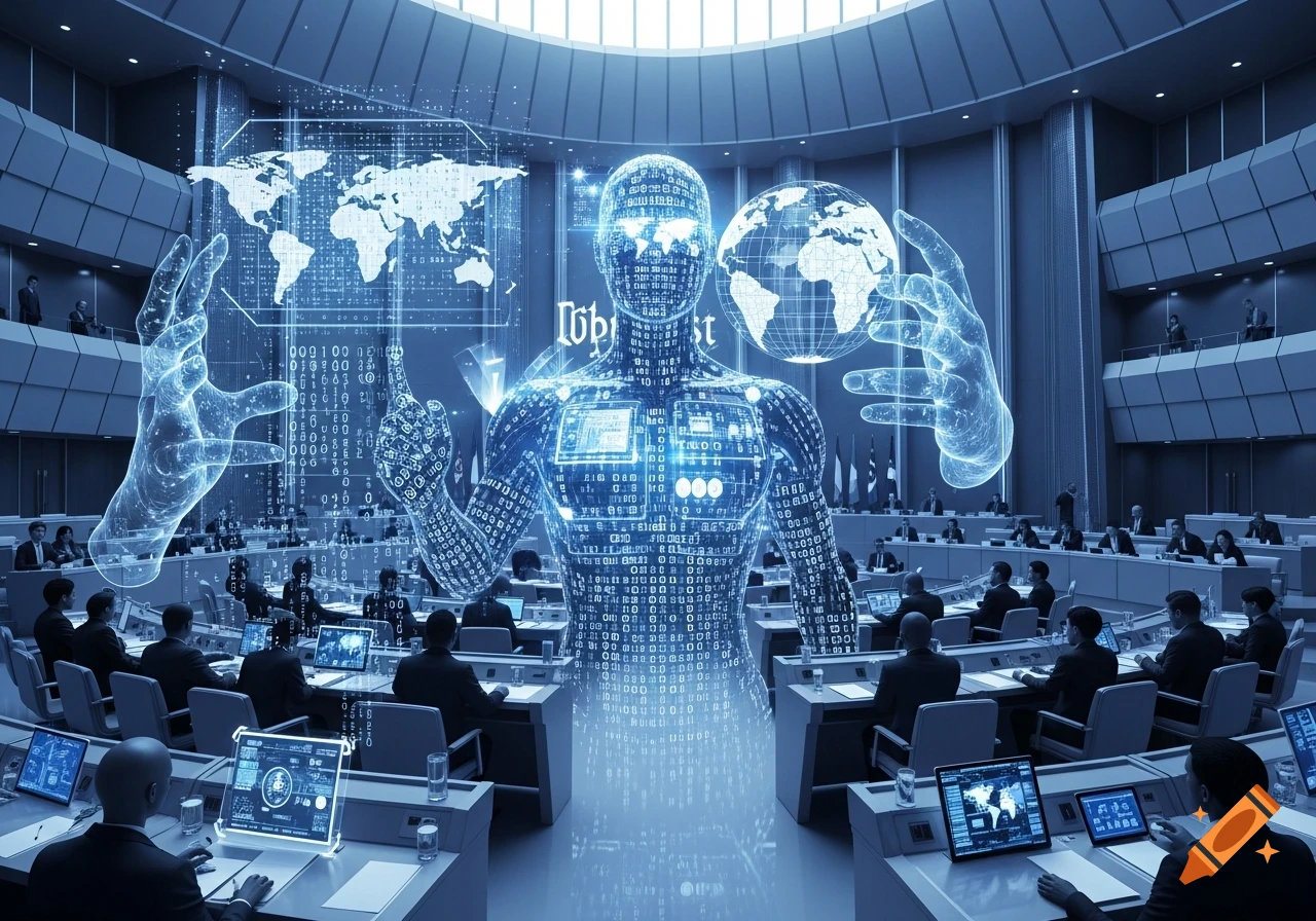 Futuristic council chamber with a holographic AI figure presenting a world map and globe to seated delegates.