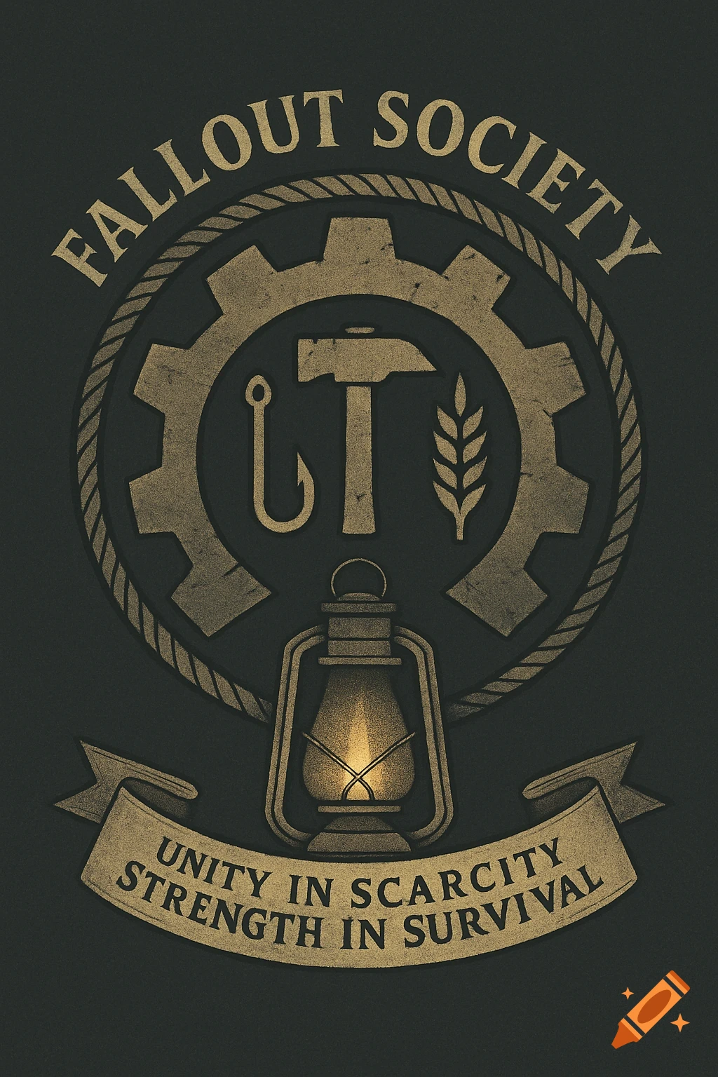 A dystopian society seal with a faded gold gear, lantern, and icons for fishing, blacksmithing, and farming. Text reads "Fallout Society" and "Unity in Scarcity, Strength in Survival".