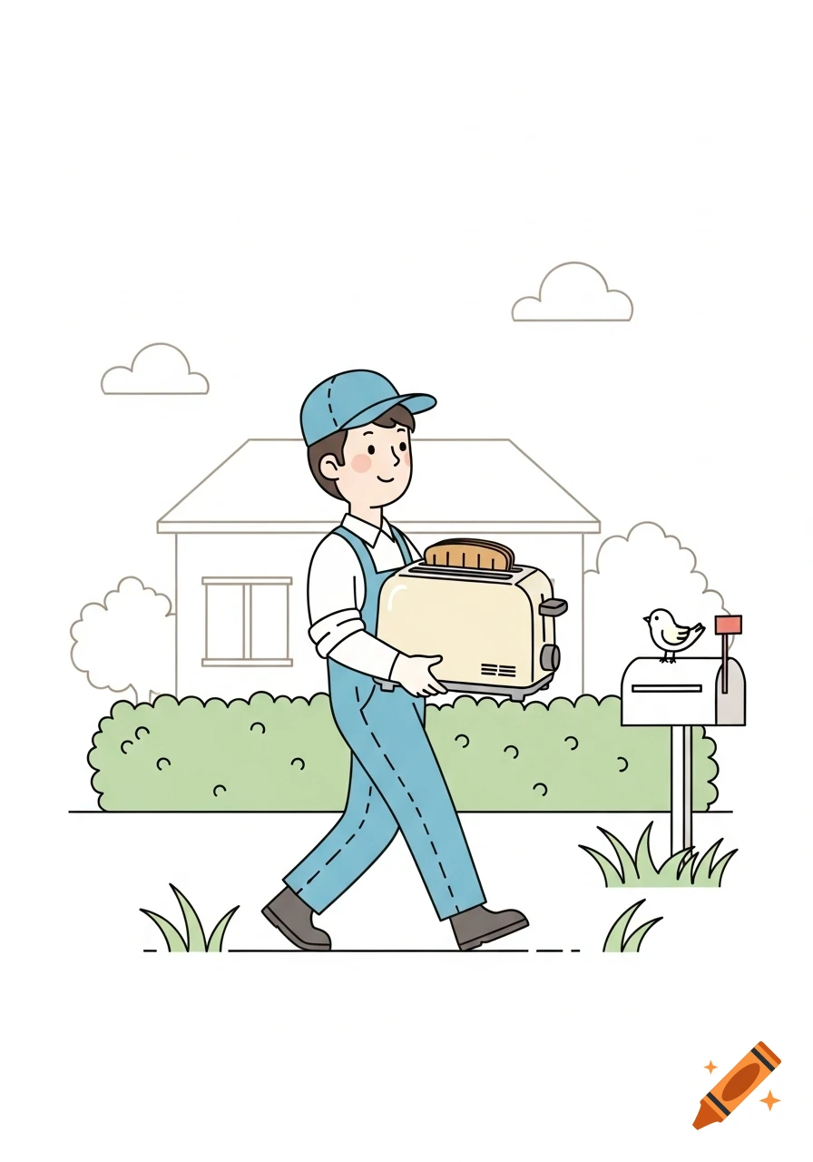 A cartoon worker carries a toaster with toast past a house and mailbox in a simple, pastel illustration.