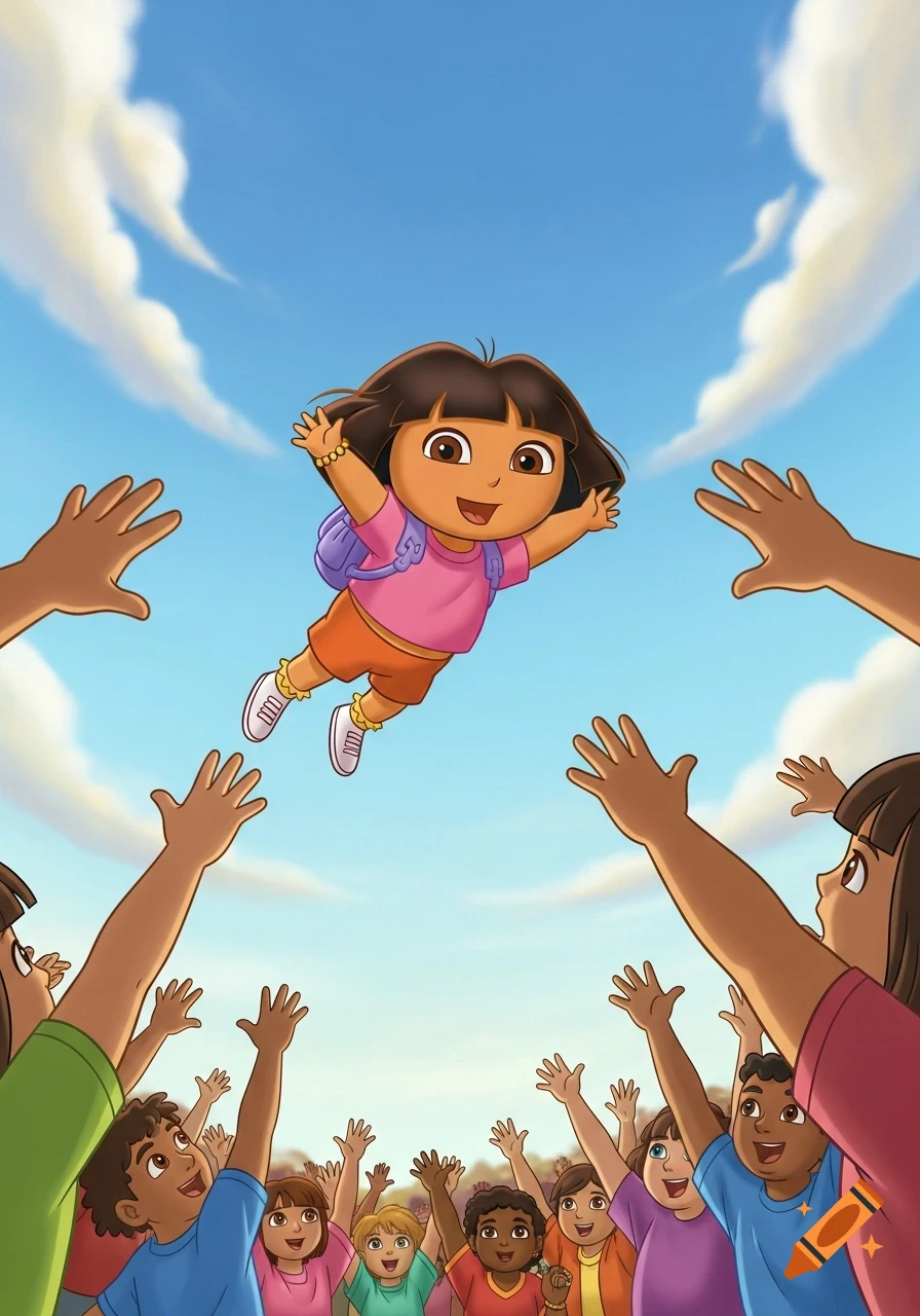 Dora the Explorer smiles, airborne as a joyful crowd of children below reach up towards her against a clear blue sky.