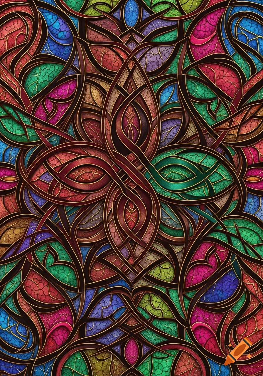 Vibrant stained glass-like abstract pattern with intricate intertwined lines and colorful segments.
