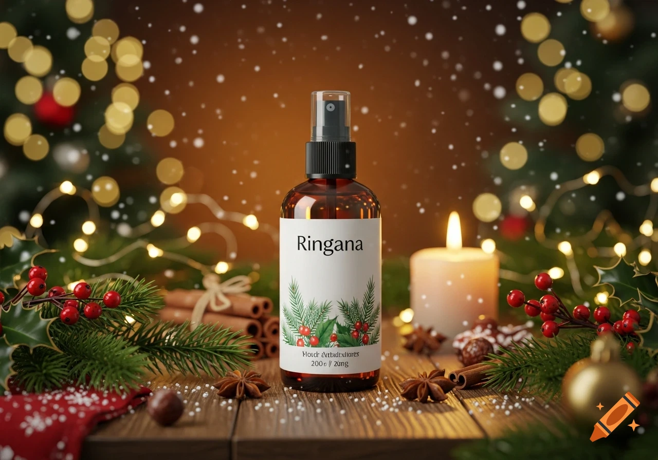 A brown spray bottle with 'Ringana' on its label, surrounded by Christmas decorations like holly, cinnamon sticks, star anise, string lights, and a lit candle, with snow falling.