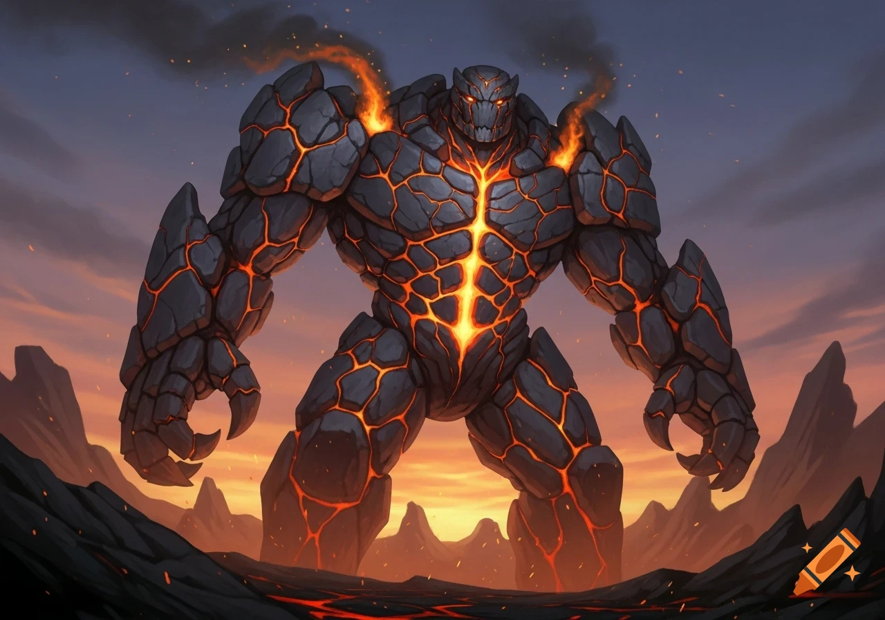 A massive rock golem with a glowing molten core and fiery cracks stands in a volcanic landscape at sunset, digital art.