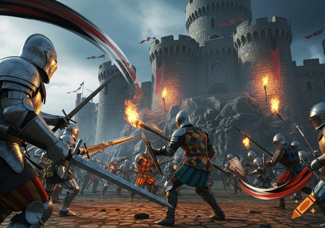 Medieval knights in a fierce sword fight outside a large stone castle with burning torches.