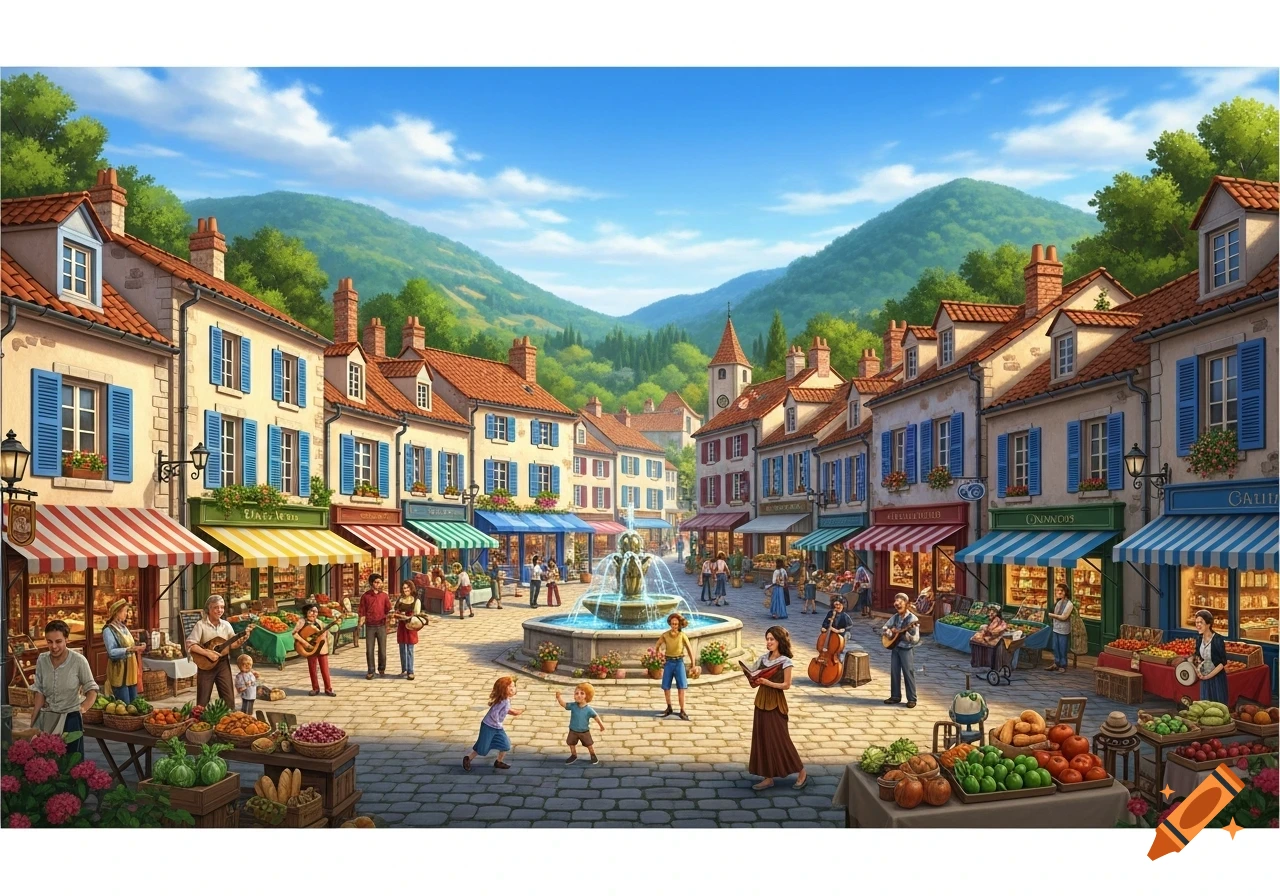 A vibrant, cartoonish illustration of a bustling European-style town square with market stalls, people, and a central fountain, under a clear blue sky.