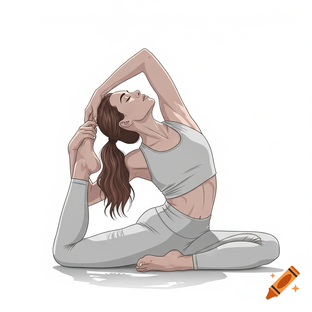 An illustration of a woman in gray athletic wear doing a yoga pose, bending backward and holding her foot, on a white background.