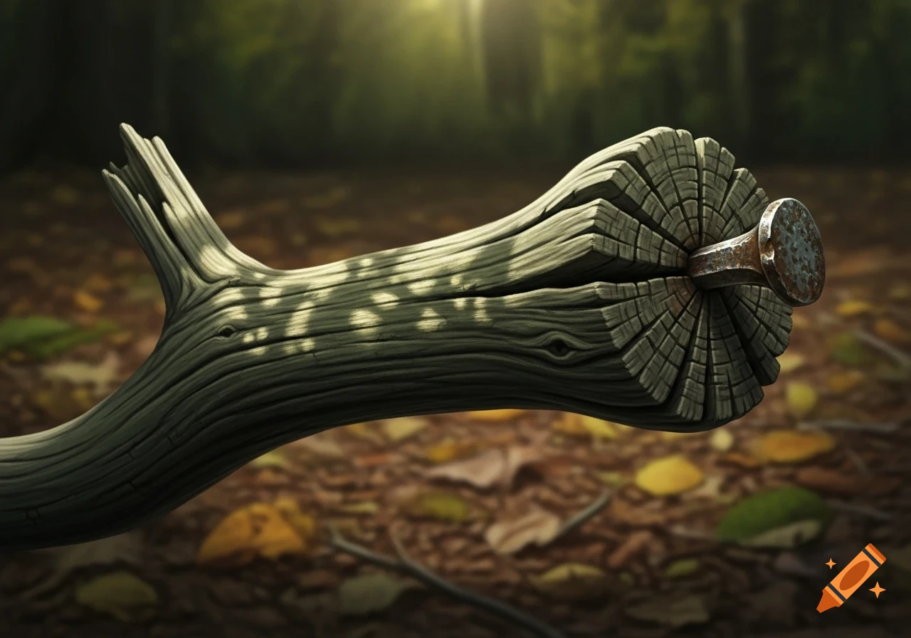 A textured wooden stick with a rusty nail embedded in its end, resting on a forest floor in dappled sunlight.