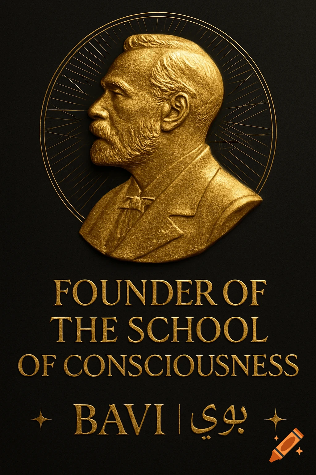 A golden medallion-style bust of a man in profile, with the text 'FOUNDER OF THE SCHOOL OF CONSCIOUSNESS BAVI | بیوی' below it on a black background.