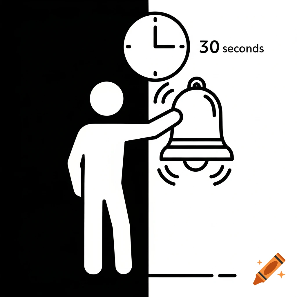 A pictogram of a person ringing a bell, with a clock showing 30 seconds, against a black and white background.