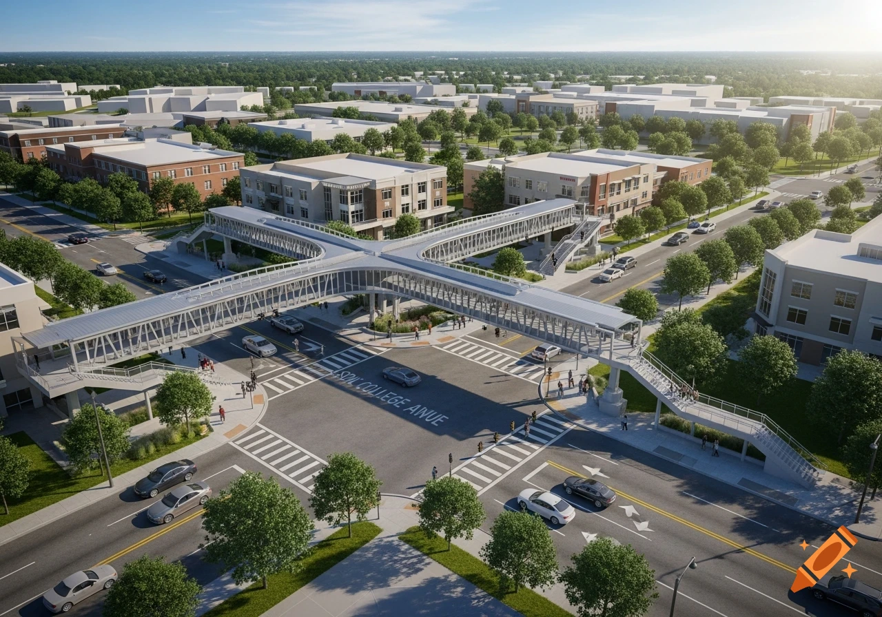 Aerial view of a modern X-shaped pedestrian bridge connecting corners of an urban intersection with cars and buildings.