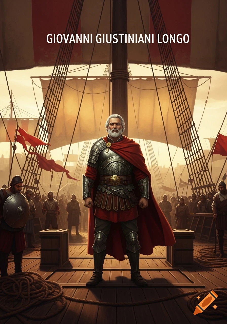 A man in ornate armor and a red cape stands heroically on a ship's deck, surrounded by blurred sailors and rigging, against a golden hour sky. Text reads "GIOVANNI GIUSTINIANI LONGO".