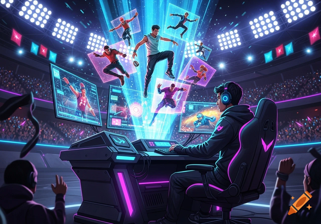 A gamer in an eSports arena plays at a glowing console, projecting virtual characters into the vibrant, neon-lit scene.